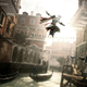 A hooded assassin leaps across a river towards a man in armor from Assassin's Creed II.
